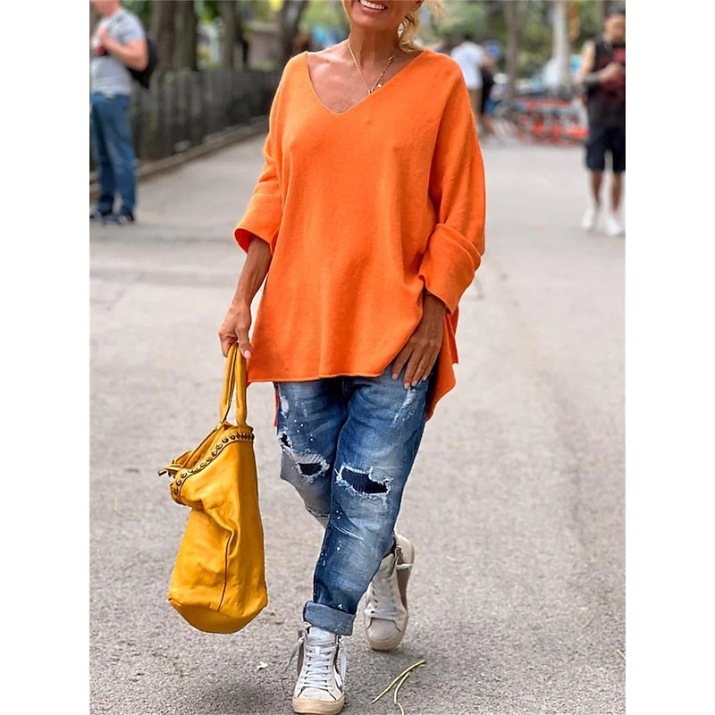 Marie Schou | Relaxed V-Neck Pullover i orange