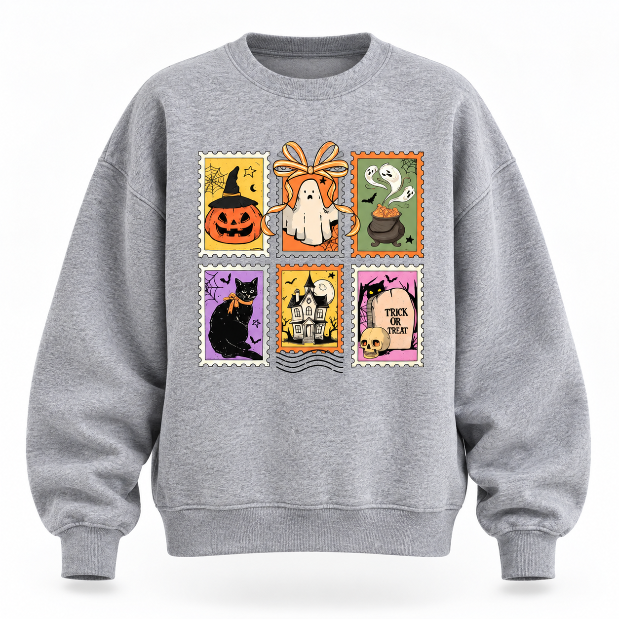 Halloweenský svetr Cauldron Cat | s koláží strašidelných razítek