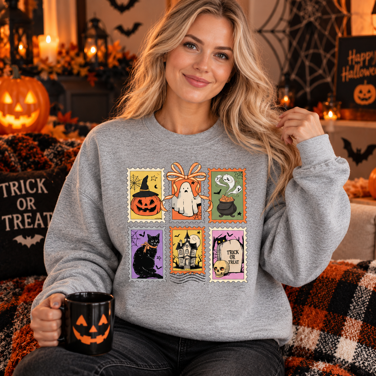 Halloweenský svetr Cauldron Cat | s koláží strašidelných razítek