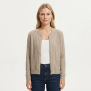 Tanja Riis | Ribstrikket cardigan med lynlås i beige