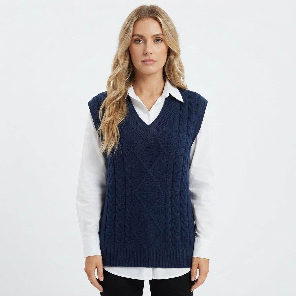 Vibeke Olsen | Cable-strikket vest med V-hals i marineblå