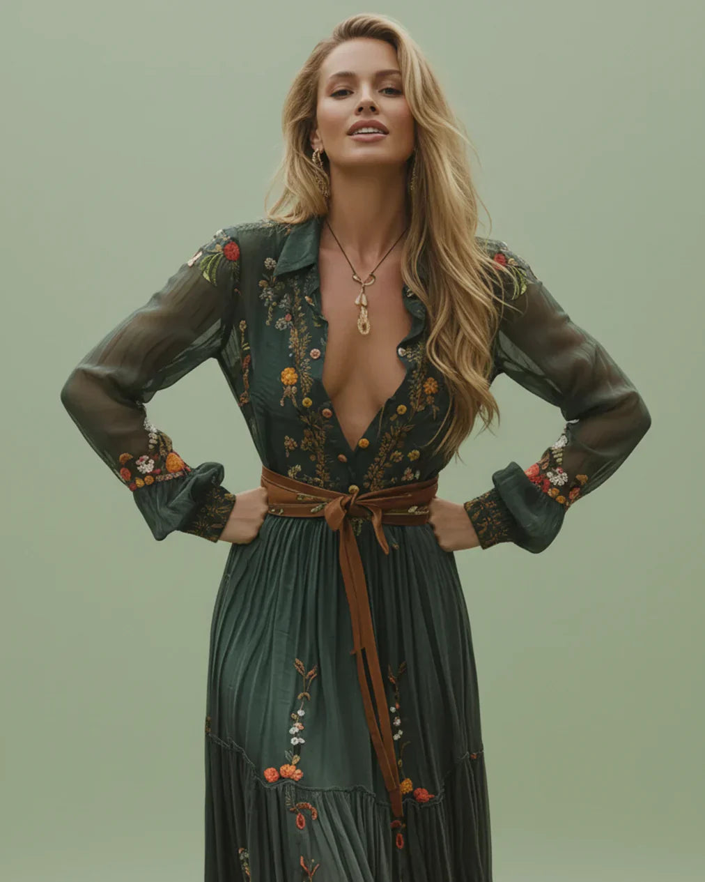 Rosalinde Navarro | Boho maxi-kjole med blomsterbroderi og lange ærmer til kvinder