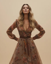 Rosalinde Navarro | Boho maxi-kjole med blomsterbroderi og lange ærmer til kvinder