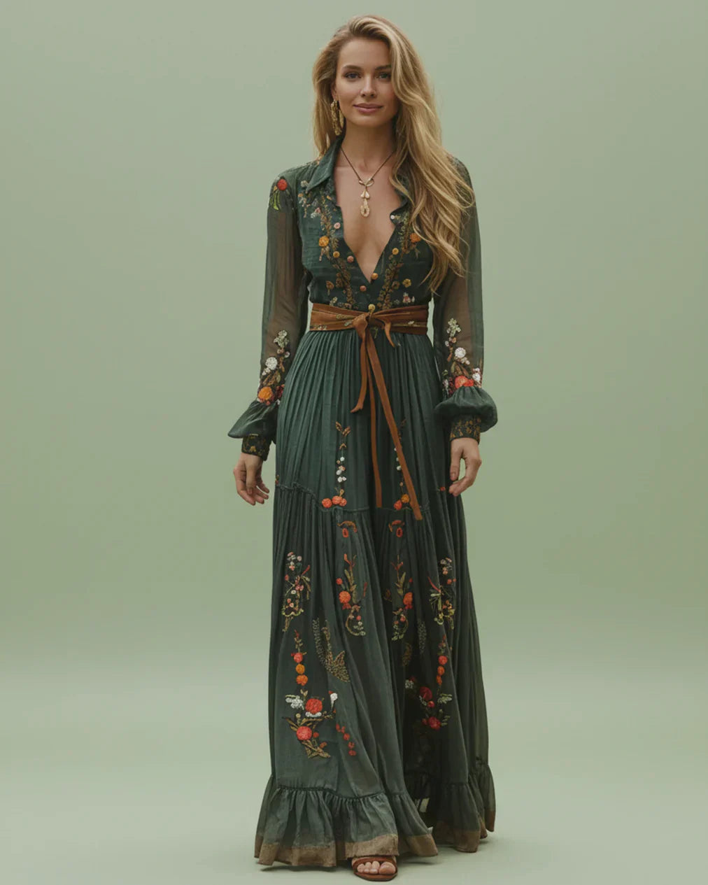 Rosalinde Navarro | Boho maxi-kjole med blomsterbroderi og lange ærmer til kvinder