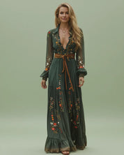 Rosalinde Navarro | Boho maxi-kjole med blomsterbroderi og lange ærmer til kvinder