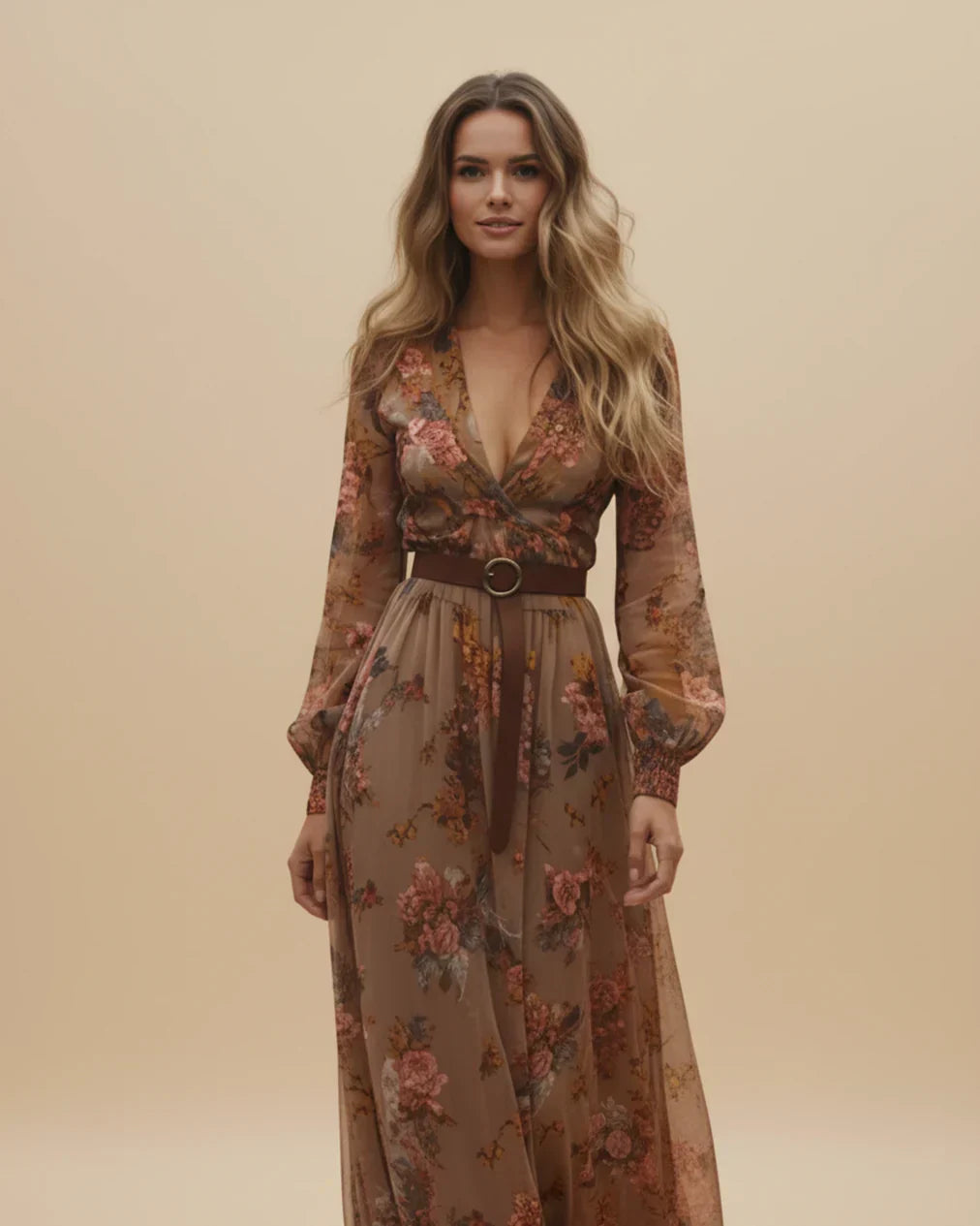 Rosalinde Navarro | Boho maxi-kjole med blomsterbroderi og lange ærmer til kvinder