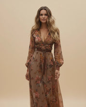 Rosalinde Navarro | Boho maxi-kjole med blomsterbroderi og lange ærmer til kvinder