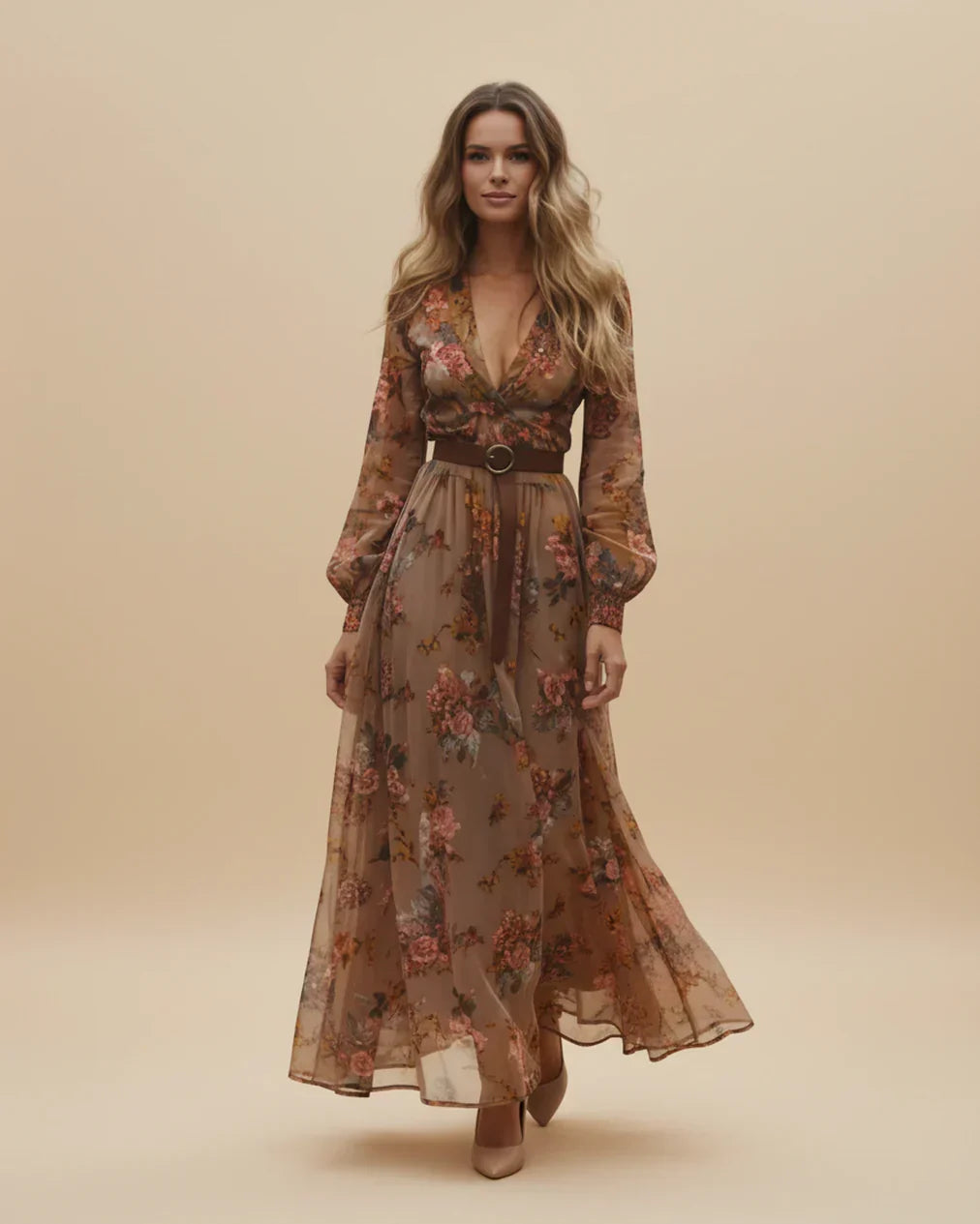 Rosalinde Navarro | Boho maxi-kjole med blomsterbroderi og lange ærmer til kvinder