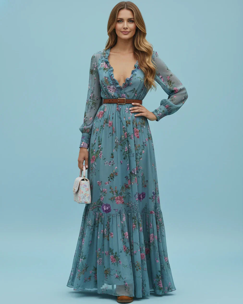 Rosalinde Navarro | Boho maxi-kjole med blomsterbroderi og lange ærmer til kvinder